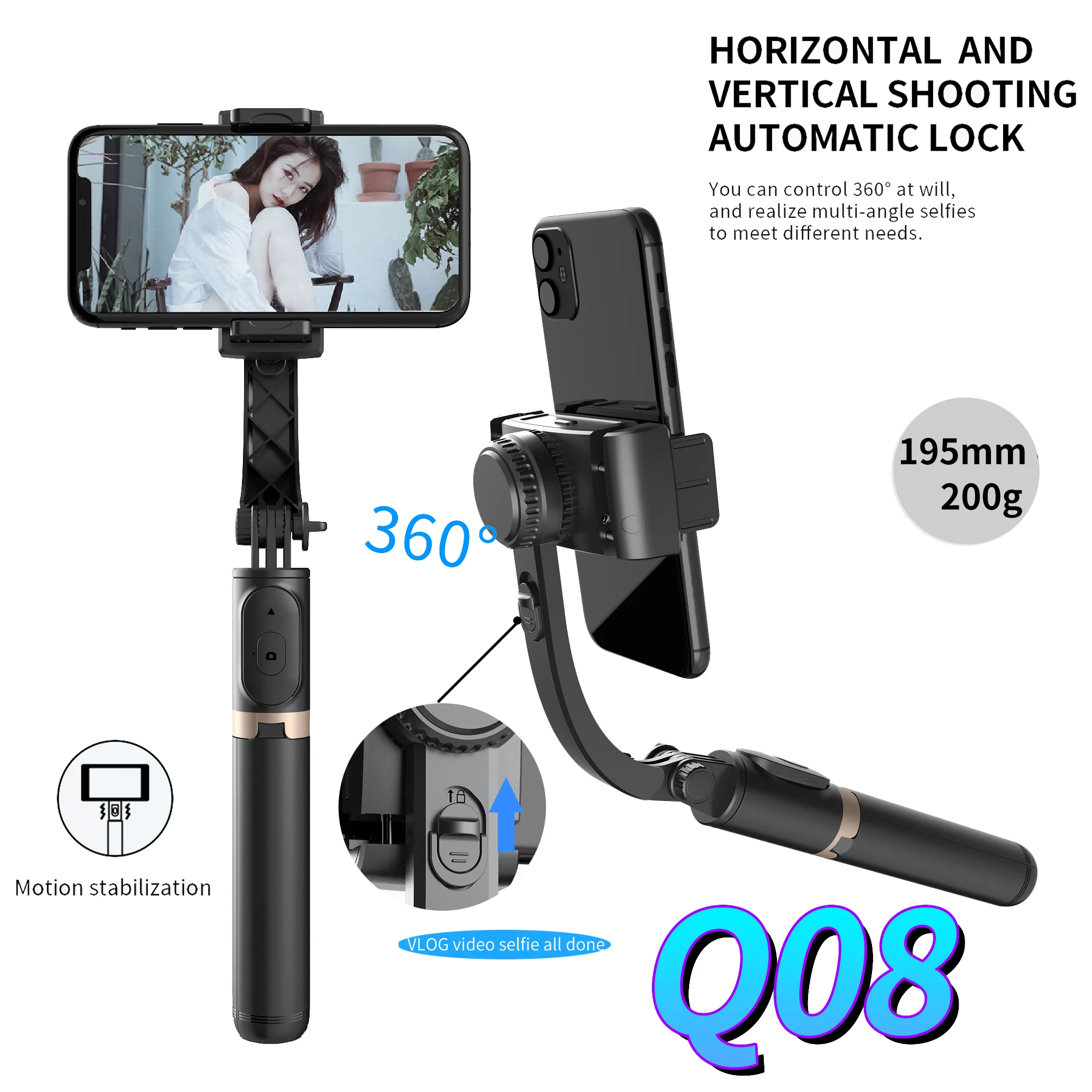 

Q08 Bluetooth Selfie Stick Phone Gimbal Handheld Stabilizer Foldable Extendable Tripod with Remote Control for Xiaomi Iphone