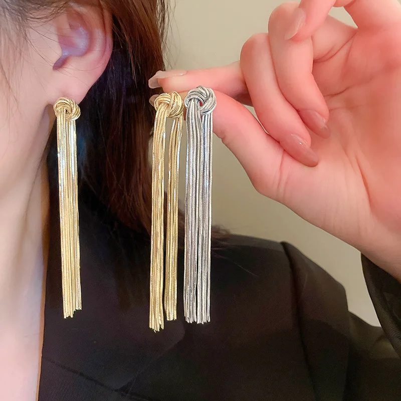 

Minar Hip Hop Rock Gold Silver Color Metallic Long Tassel Earring for Women Copper Knotted Dangle Drop Earrings Oorbellen 2023