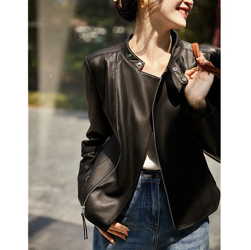 

2023 Spring/Autun fashion new Sheepskin Coat Short Standing Neck Slim Fit Motorcycle Leather Coat Women Sheepskin Jacket