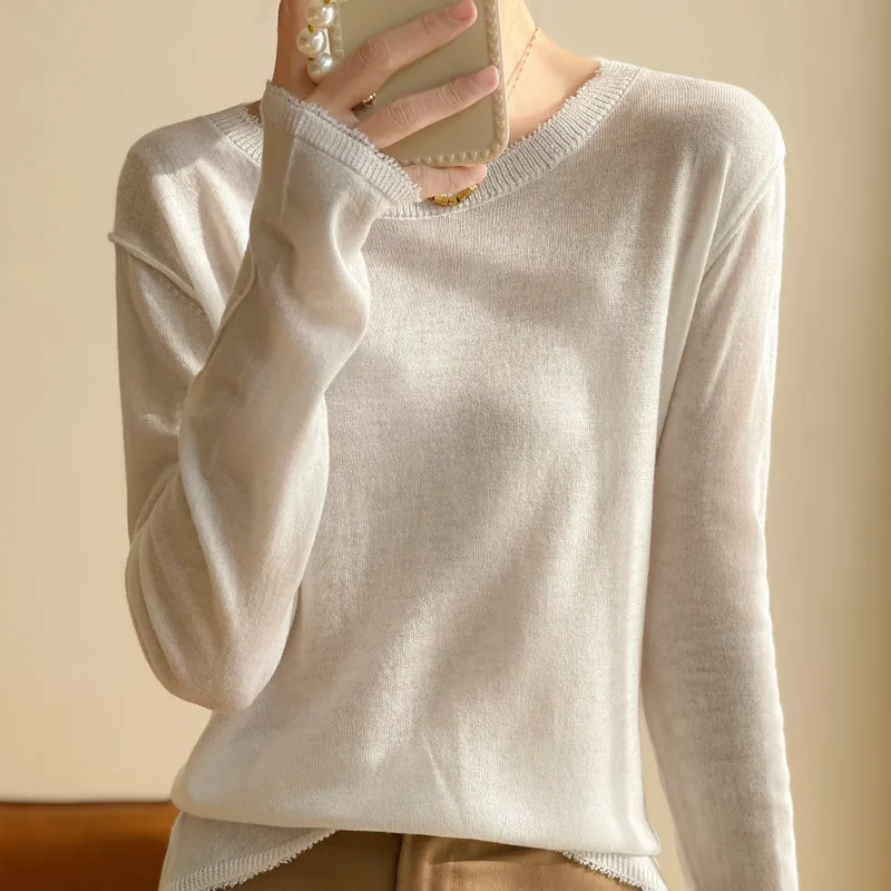 

Worsted Wool Sweater Women's Fashion Fringed Round Neck Pullover Tops Spring and Autumn Thin Section Knitted Bottoming Shirt