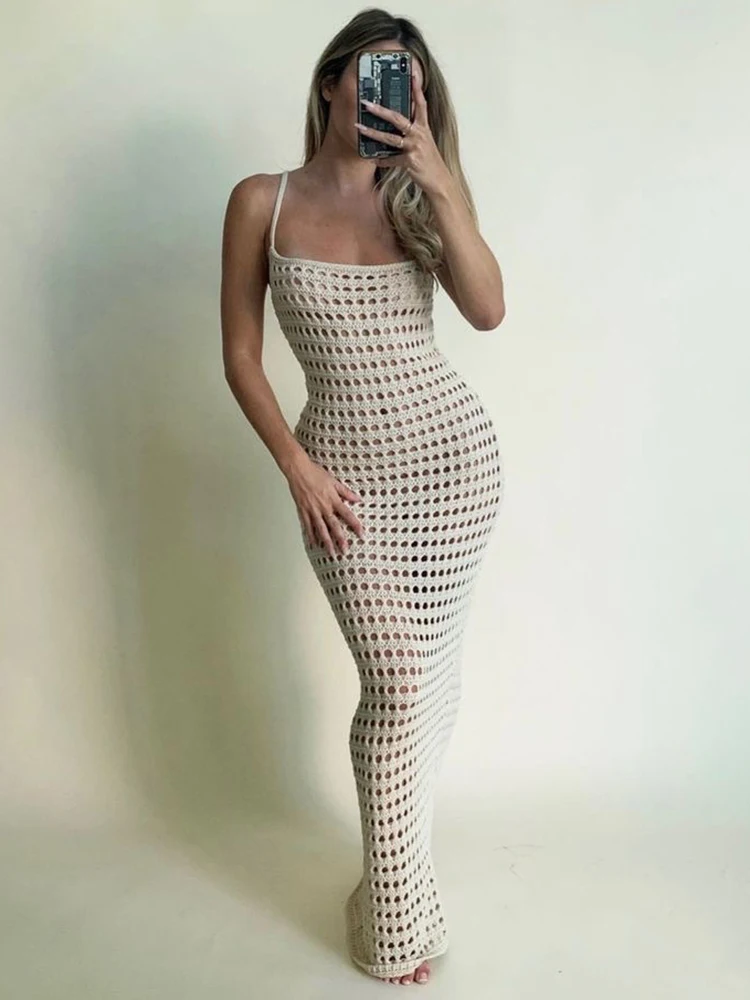 

Sibybo Summer Stone Strappy Crochet Knitted Long Dress Women Sexy See Through Beach Sundress Femme Sleeveless Party Vestidos