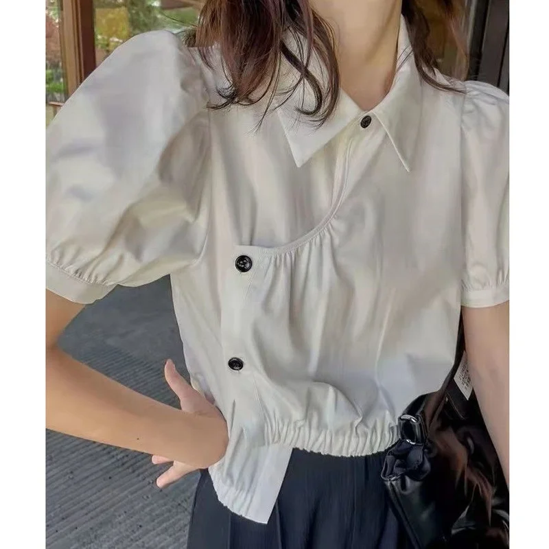 

QWEEK Blouses Women's Cropped Asymmetrical Tunic Shirts Korean Preppy Style Soft Sweet White Short Sleeve Tops Cute Chic Fashion