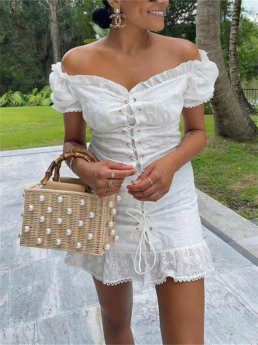 wsevypo White Flower Hollow Out Off-Shoulder Dress Sweet Summer Women Puff Short Sleeve Dress Cross Tie-Up Lace Ruffles Dress
wsevypo White Flower Hollow Out Off-Shoulder Dress Sweet Summer Women Puff Short Sleeve Dress Cross Tie-Up Lace Ruffles Dress