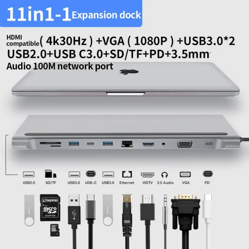 11 IN 1 USB-C Docking Station HUB USB 3.0 Type C Adapter 4K HDMI-compatible RJ45 SD/TF VGA Audio PD For MacBook Laptop
11 IN 1 USB-C Docking Station HUB USB 3.0 Type C Adapter 4K HDMI-compatible RJ45 SD/TF VGA Audio PD For MacBook Laptop