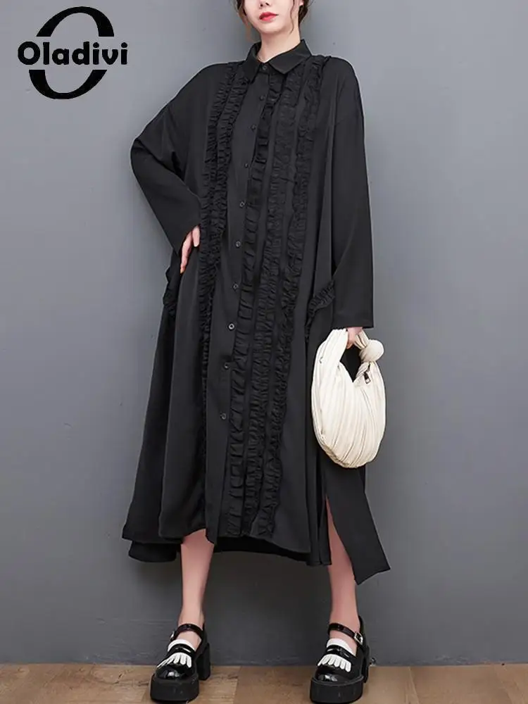 

Oladivi Large Size Women Clothing Long Sleeve Casual Loose Ruffle Dress 2022 Spring Autumn New Oversized Dresses Long Robe 9582