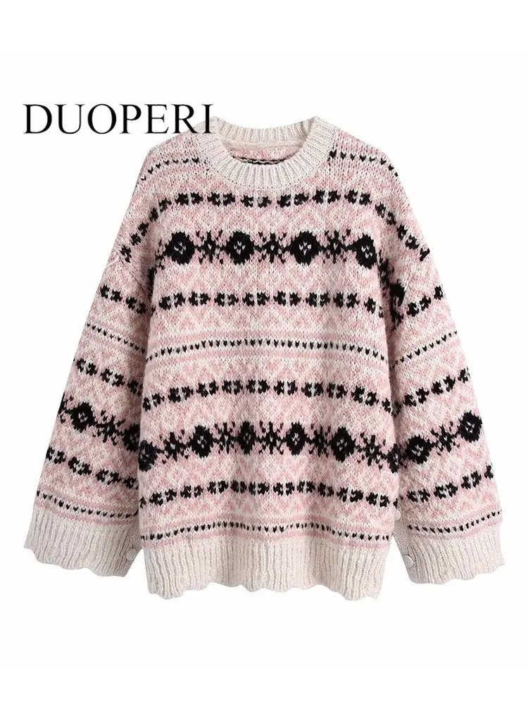 

DUOPERI Women Fashion Printed Jacquard Knitted Pullover Sweater Vintage O-Neck Side Slit Long Sleeves Female Chic Lady Tops