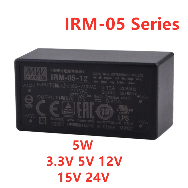 

MEAN WELL PCB Style IRM-05 5W Encapsulated AC-DC Module Type Power Supply 3.3V 5V 12V 15V 24V