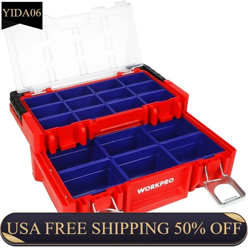 WORKPRO 17-inch Plastic Tool Box, Red Storage Box with Locking Lid and Stainless Steel Handle, 18 Adjustable Compartments
WORKPRO 17-inch Plastic Tool Box, Red Storage Box with Locking Lid and Stainless Steel Handle, 18 Adjustable Compartments