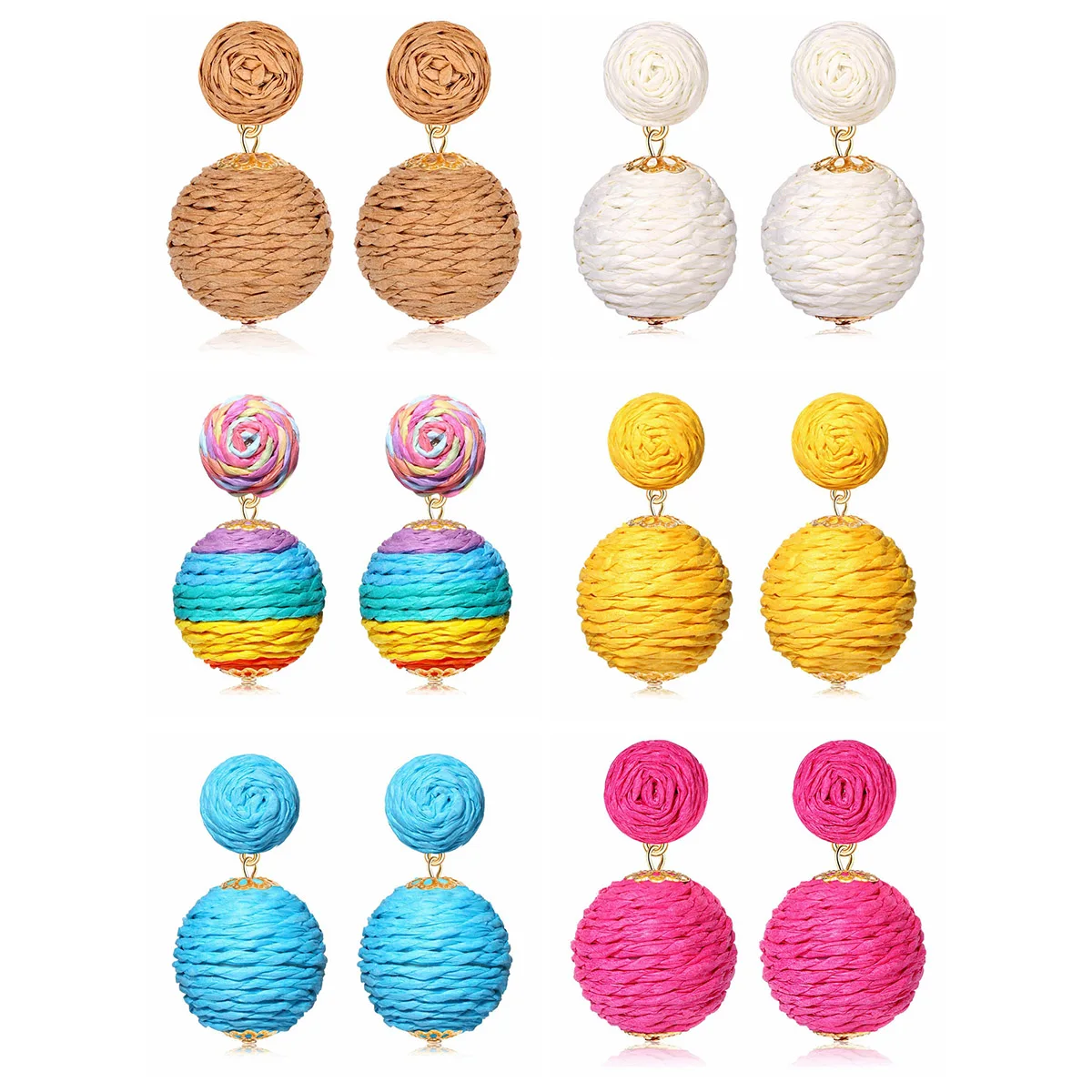 

6PCS Raffia Earring Stud Boho Handmade Straw Rattan Drop Geometric Lantern Dangle Earrings for Women Girls Summer Beach Jewelry