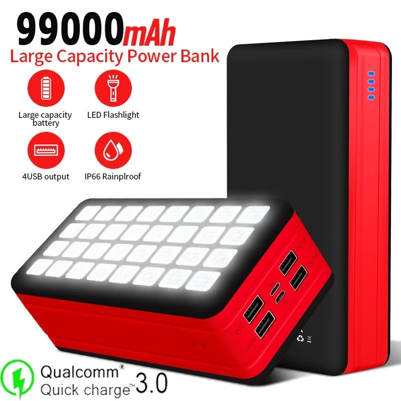 Solar 99000mAh Large Capacity Phone Charger Portable Power Bank with LED Light 4USB Ports Power Bank for Samsung Iphone13 Xiaomi
Solar 99000mAh Large Capacity Phone Charger Portable Power Bank with LED Light 4USB Ports Power Bank for Samsung Iphone13 Xiaomi