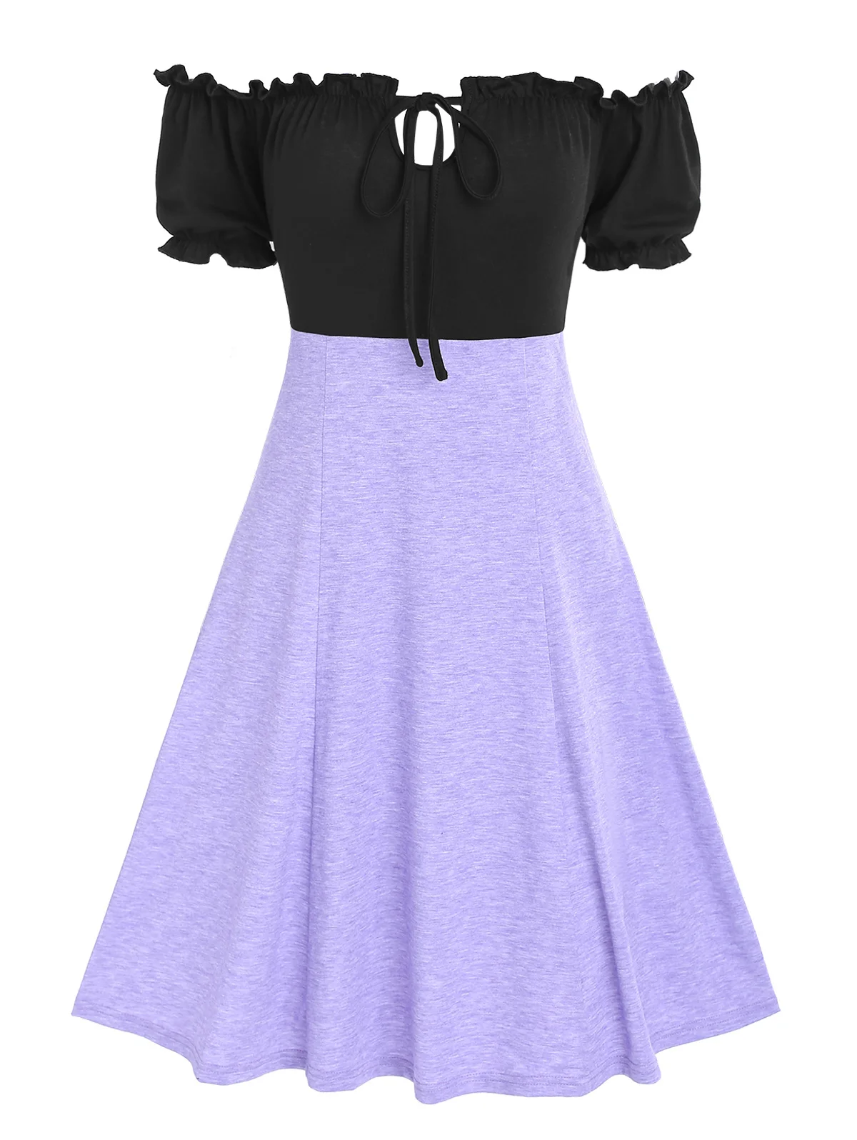 

Dressfo Dress Contrast Bicolor Colorblock Off Shoulder Puff Sleeve Frilled A Line Flare Keyhole Bardot Dress 2023