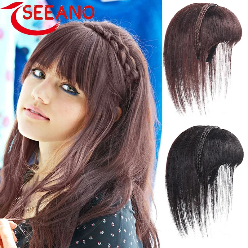 

SEEANO Synthetic Replacement Toupee Natural Headband Wigs With Braids Bangs Heat Resistant Hair Extensions Hairpieces for Women