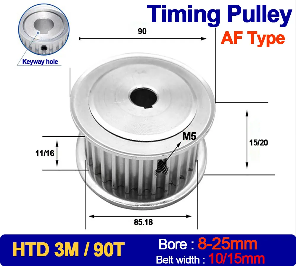 

1PC 90Teeth HTD 3M Timing Pulley Teeth Pitch 3mm Keyway Bore 8mm-25mm For HTD3M Synchronous Belt Width 10/15mm 90T 90 Teeth