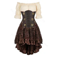 Steampunk Corset Dress Brown Pirate Costume Blouse Shoulder Off Underbust Corset Plus Size Cosplay Pirate Dresses for Women