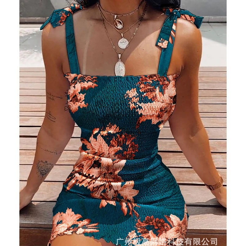 

Women Sleeveless Solid Color Mini Dress High Waist Summer Sexy Slash Neck Shirred Frill Hem Tied Detail Bodycon Dress