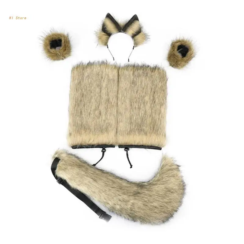 

Wolf Costume Set Wolf Ears Headband Tail Cuffs-Leg Warmer Halloween Cosplay Prop