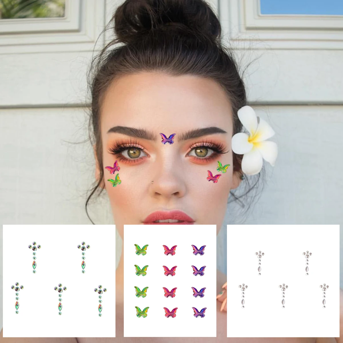 

Butterfly Face Jewelry For Women Temporary Tattoos Eyes Eyebrow Bindi Dots Gems Sticker Flash Pearl Crystals Makeup Jewels Party