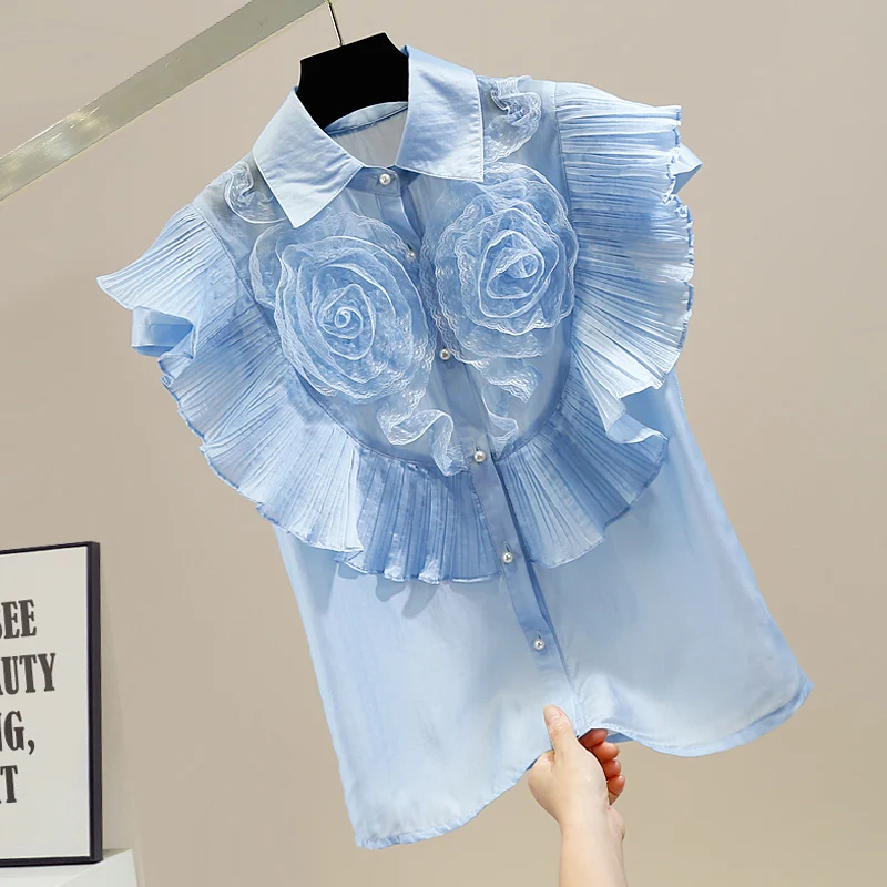 Sweet Lace Flower Irregular Ruffled Stitching Shirt Blouse Pearl Buckle Sleeveless Elegant Shirts for Women Summer Blouse Blusas
Sweet Lace Flower Irregular Ruffled Stitching Shirt Blouse Pearl Buckle Sleeveless Elegant Shirts for Women Summer Blouse Blusas