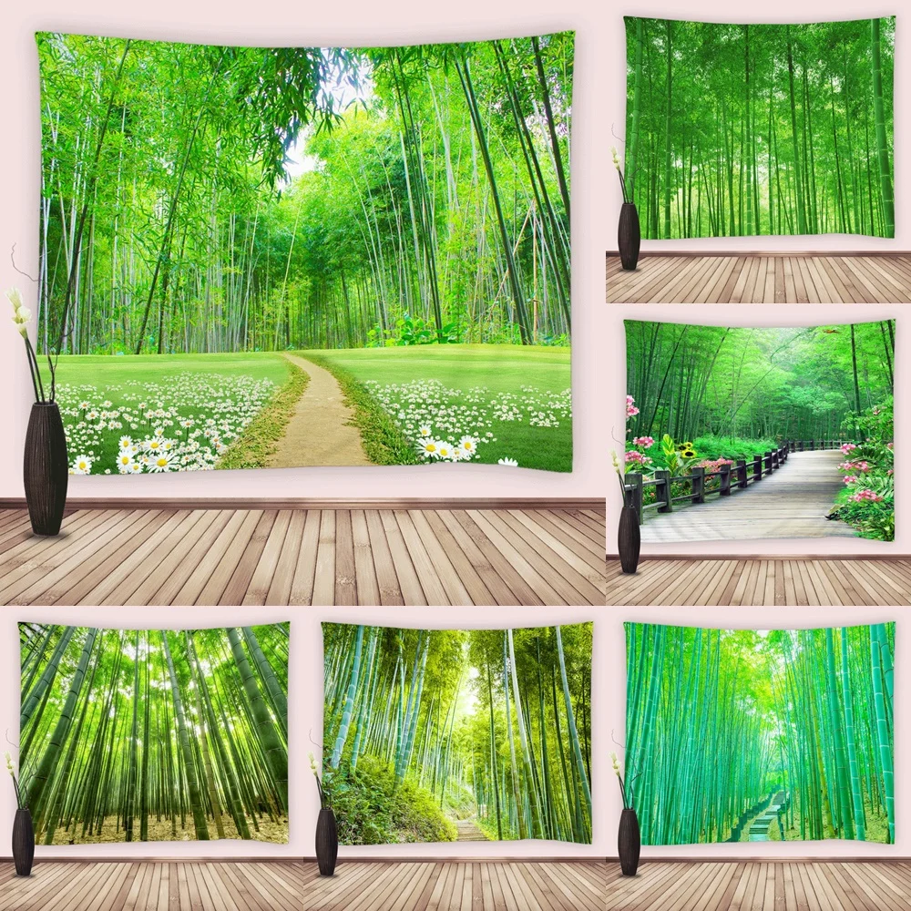 

Bamboo Forest Decor Tapestry Zen Green Grove Path Wild Flowers Scenery Tapestries Wall Hanging for Bedroom Living Room Dorm Home