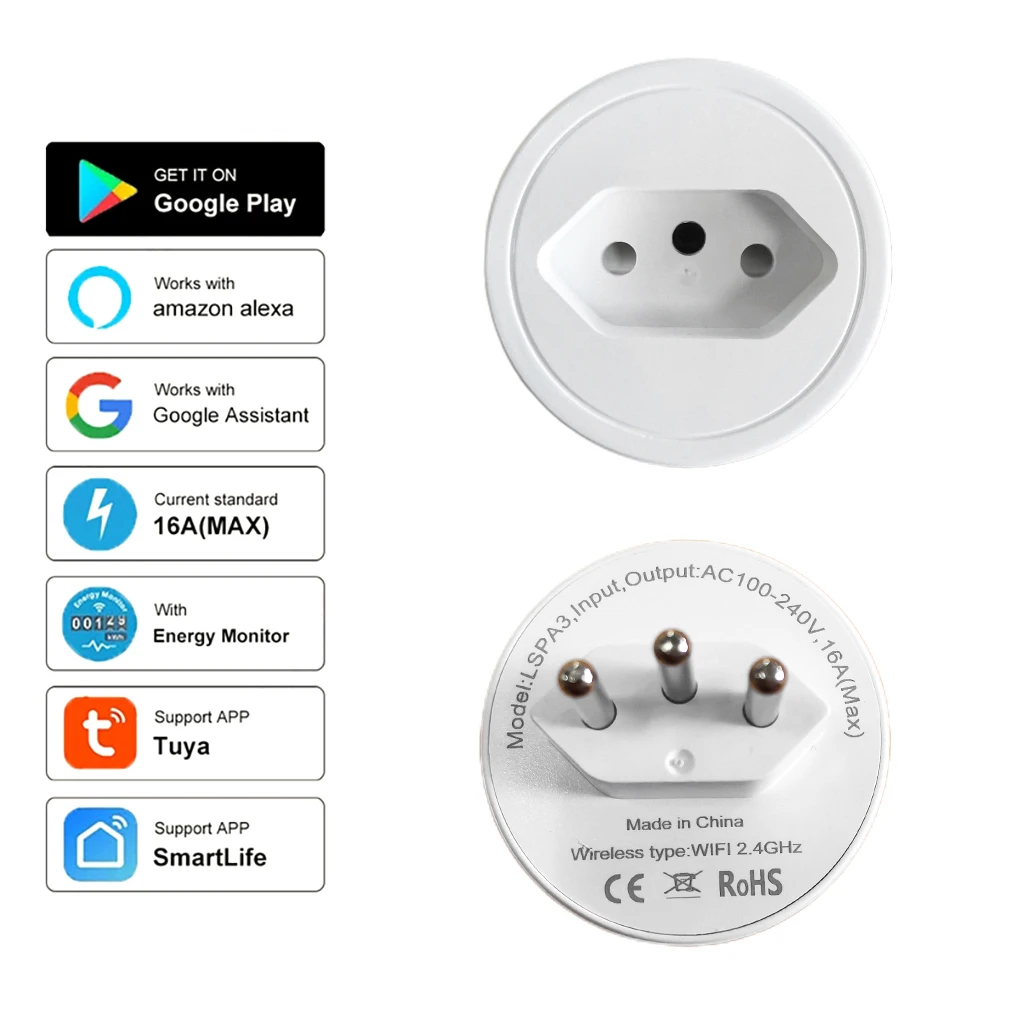Brazil Wifi Smart Plug 16A Smart Socket With Timer Power Monitor SmartLife APP Voice Control Works For Google Home Alexa
Brazil Wifi Smart Plug 16A Smart Socket With Timer Power Monitor SmartLife APP Voice Control Works For Google Home Alexa