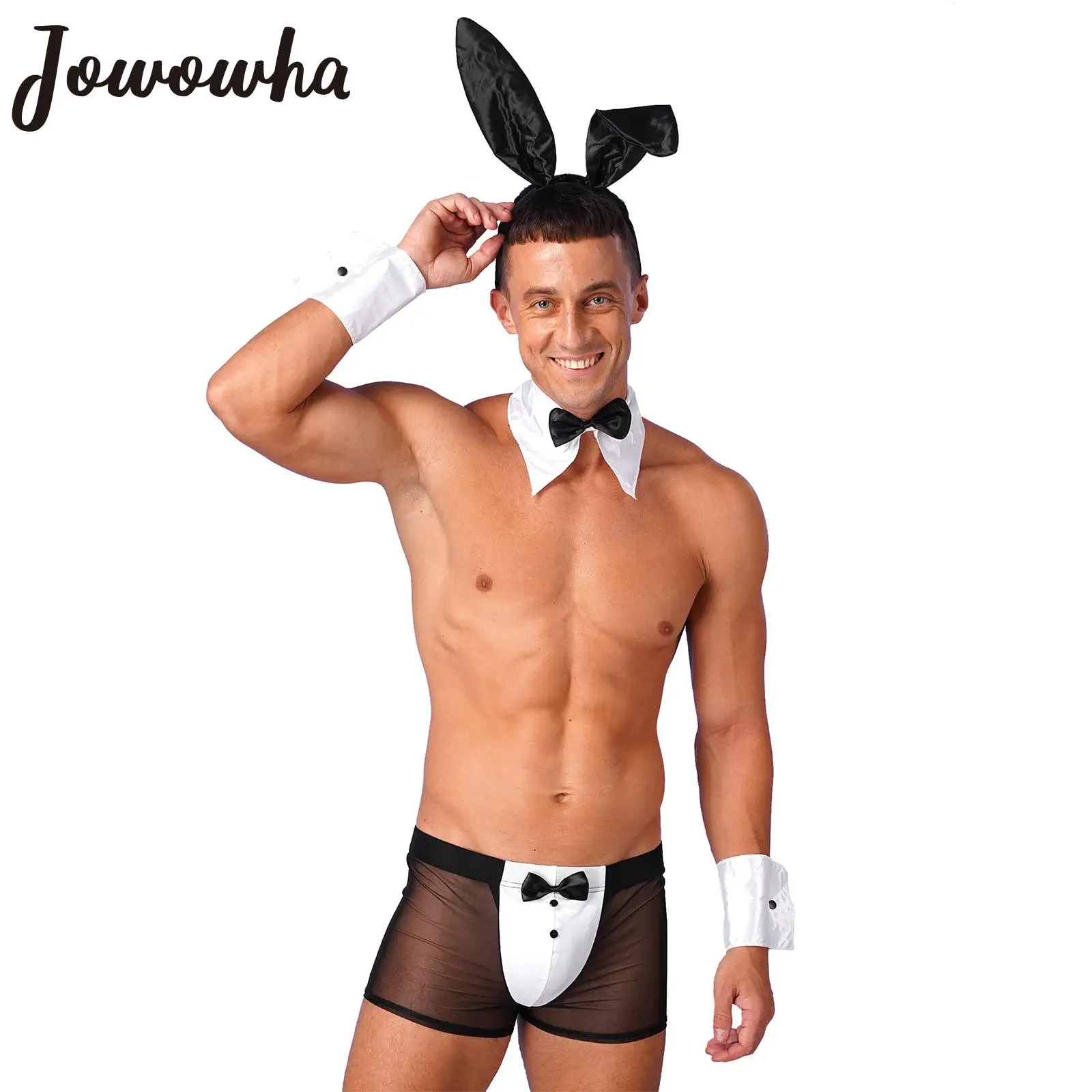 

Mens Maid Waiter Tuxedo Lingerie Sexy Cosplay Costume Role Play Uniform Boxer Briefs Underwear with Bunny Ears Headband Collar