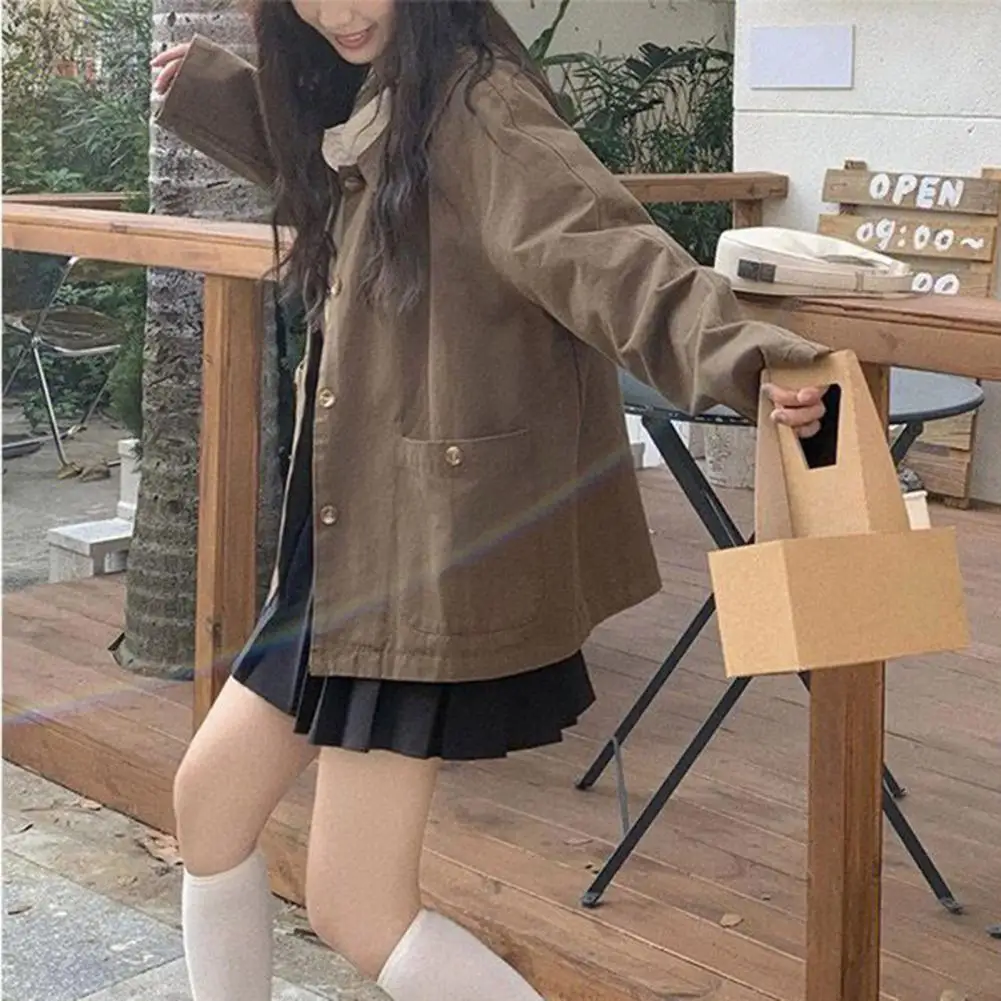 Women Long Sleeve Coat Chic Korean-inspired Doll Collar Coat with Big Pockets Loose-fit Single-breasted for Spring Autumn Women
Women Long Sleeve Coat Chic Korean-inspired Doll Collar Coat with Big Pockets Loose-fit Single-breasted for Spring Autumn Women
