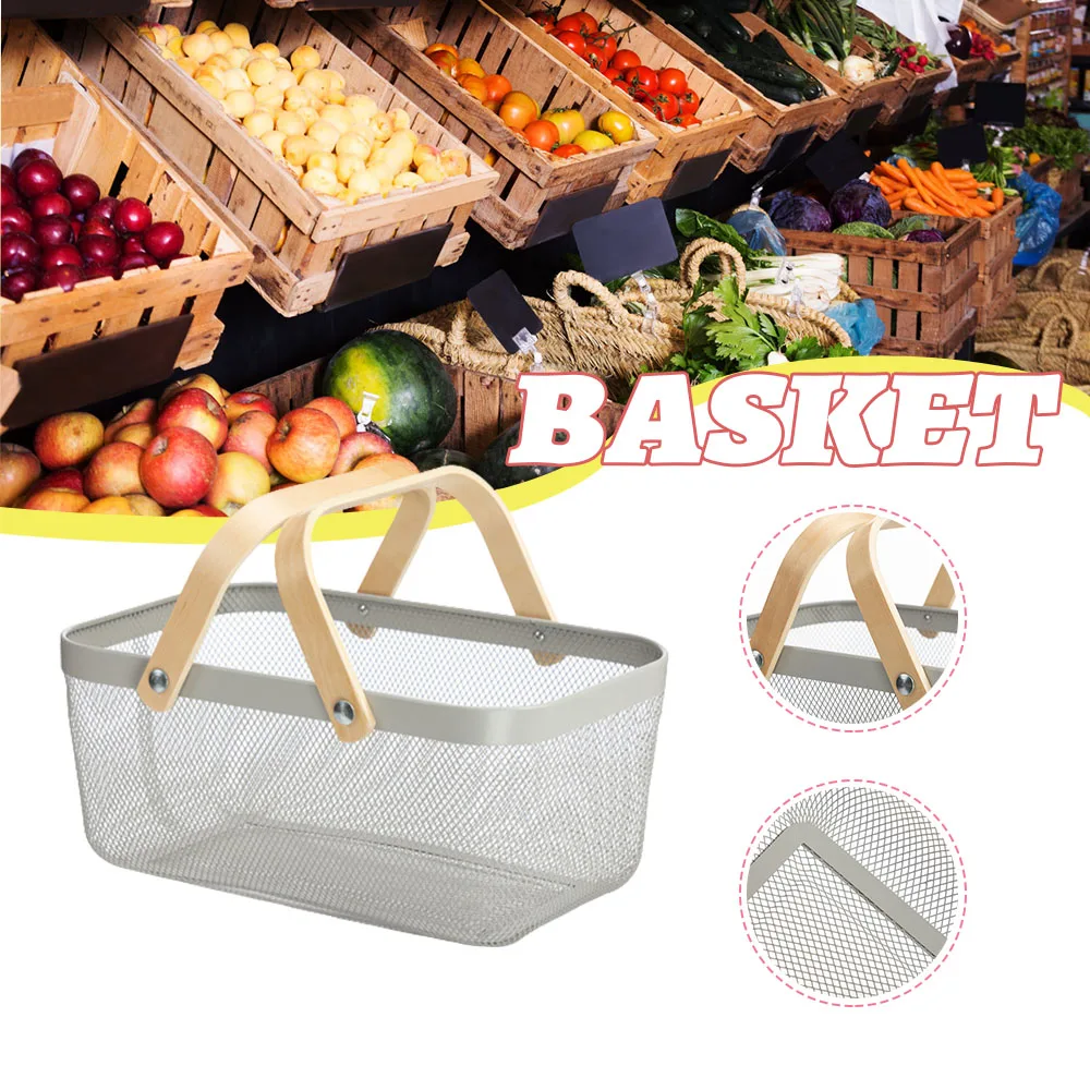 Metal Rectangular Shopping Basket Small Basket Vegetable and Fruit Wooden Handle Storage Basket Rustic basket 
Metal Rectangular Shopping Basket Small Basket Vegetable and Fruit Wooden Handle Storage Basket Rustic basket