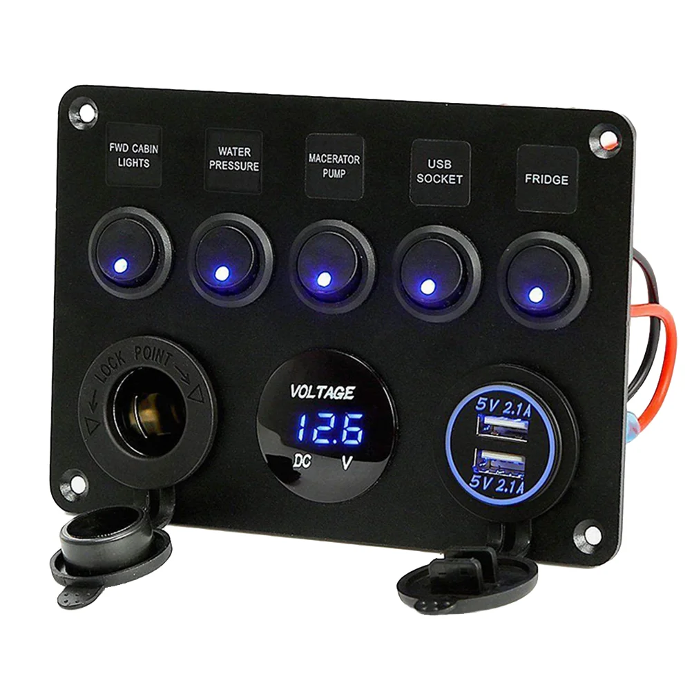 

1Pc 5-button Switch Panel with Safety Fuse and Voltmeter and Double USB and Lighter Socket for Marine electronics