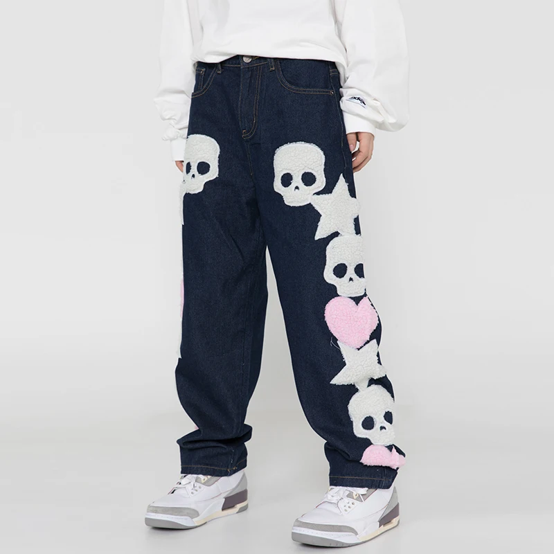 

Mens Pants Harajuku Vibe Style Streetwear Oversize Casual Denim Trousers Skull and Five Stars Towel Embroidery Ripped Jeans