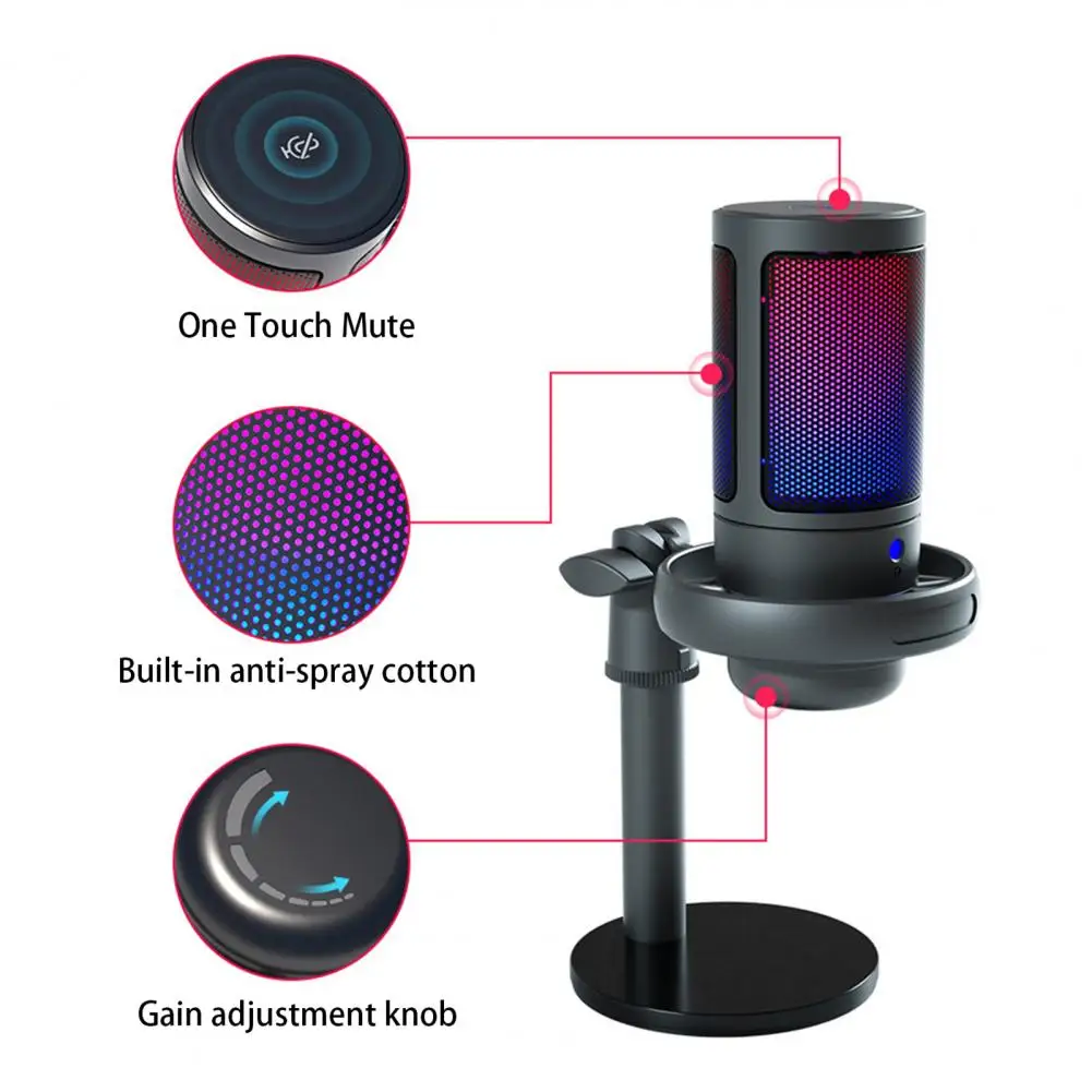 Recording Microphone 1 Set Portable RGB Light Effect Long Lasting Computer Condenser Gaming Mic with Tripod Stand for Home
Recording Microphone 1 Set Portable RGB Light Effect Long Lasting Computer Condenser Gaming Mic with Tripod Stand for Home