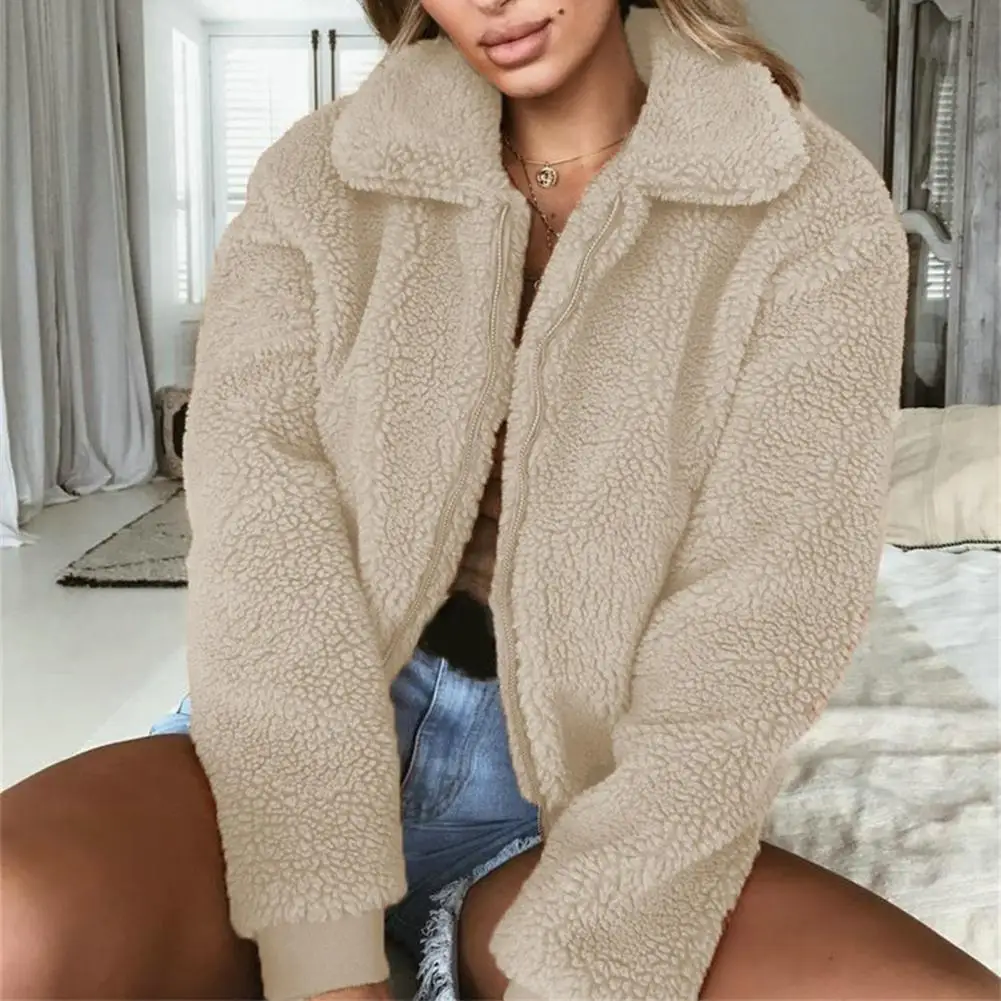 

Женское однотонное пальто, уютная плюшевая зимняя куртка с лацканами и карманами на молнии, теплая Стильная универсальная верхняя одежда для женщин
