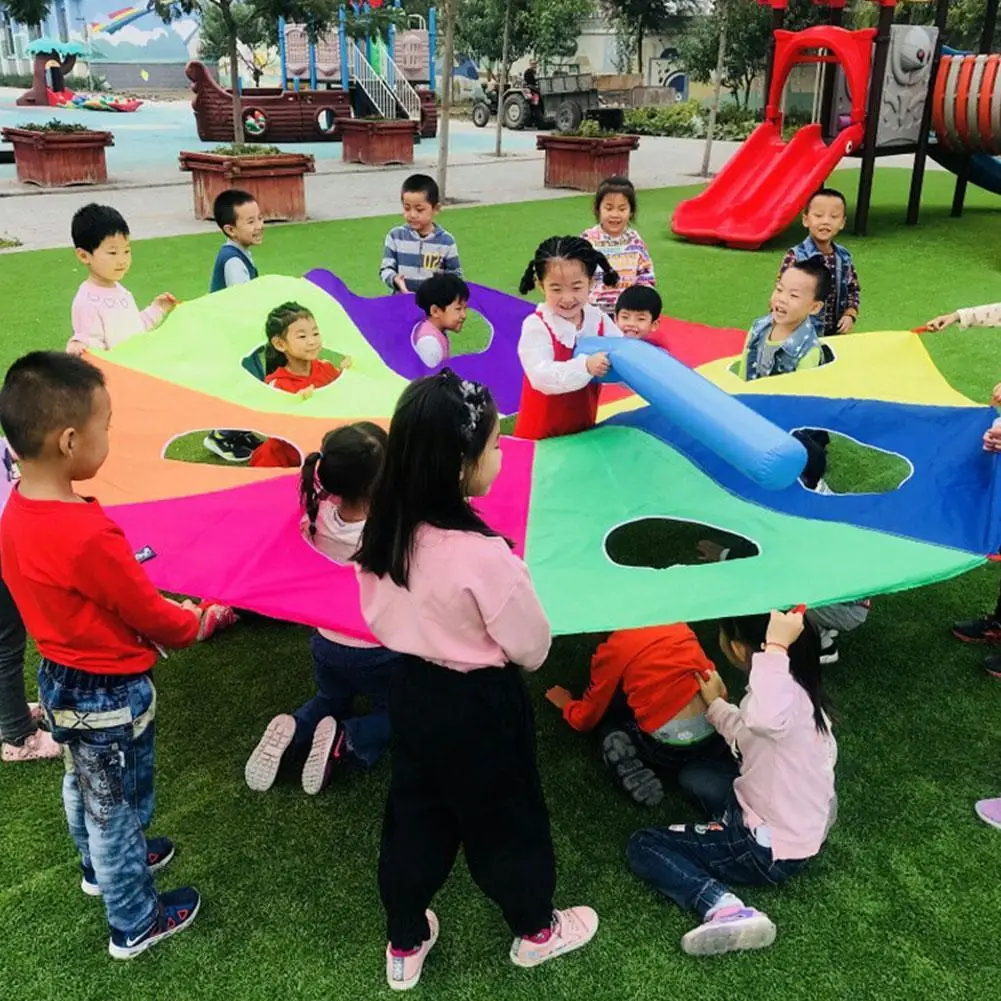 

3/4m Diameter Kids Parachute With Holes Kindergarten Game Kids Rainbow Hit Hammer Outdoor Mole Umbrella Jump-sack Inflate G F0i6