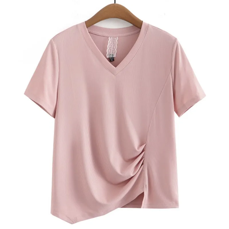 

Plus Size T-Shirt Women Clothing Asymmetrical Length Fold Solid Color Icy Fabric V-Neck Tees Short Sleeve Curve Tops Summer 2023