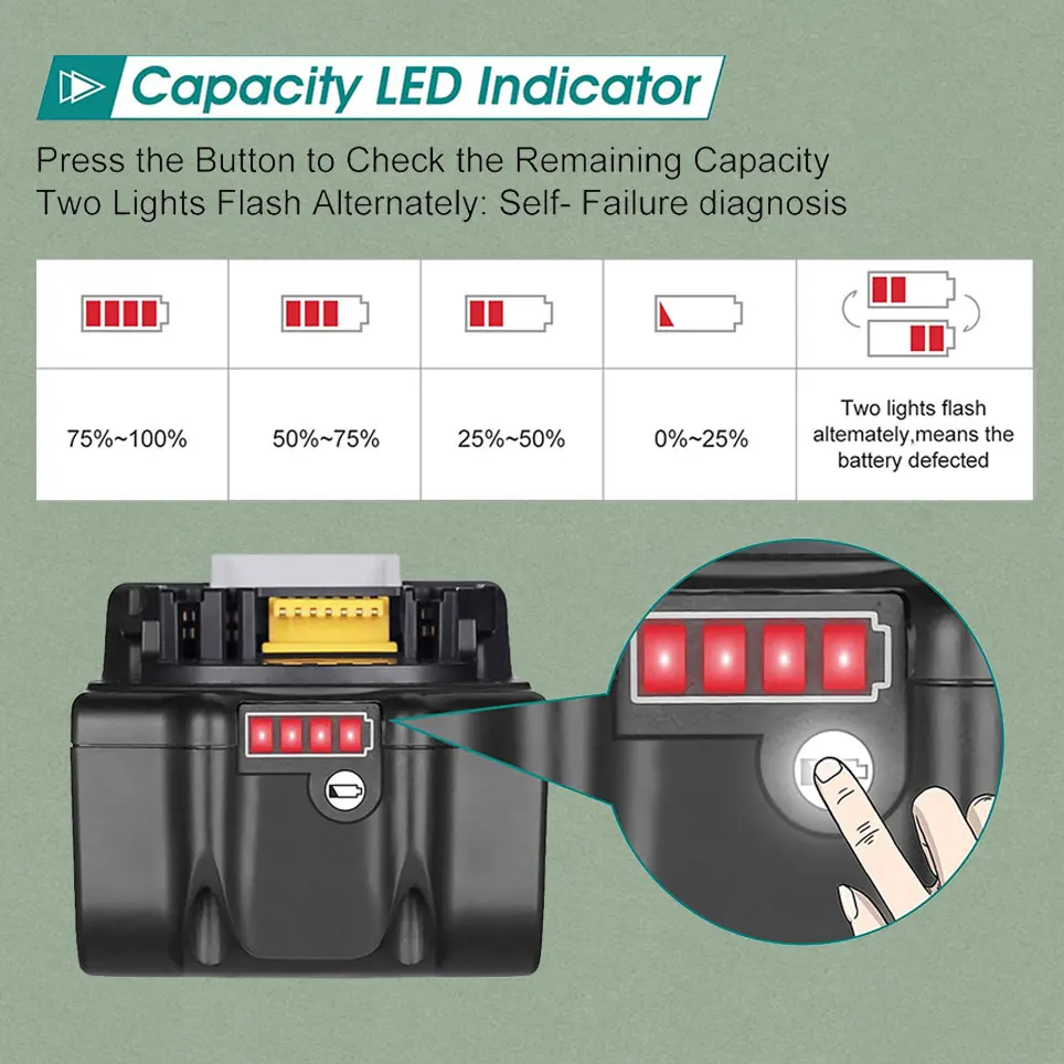 Аккумулятор Makita 18 в со светодиодным индикатором, батарея 18 в LXT BL1860 BL1850 BL1850B BL1840 BL1840B BL1830 BL1830B BL1815, 2022
Аккумулятор Makita 18 в со светодиодным индикатором, батарея 18 в LXT BL1860 BL1850 BL1850B BL1840 BL1840B BL1830 BL1830B BL1815, 2022