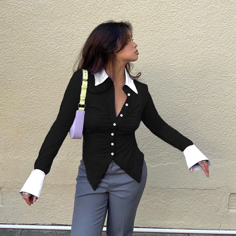 Combhasaki Office Lady Women Vintage Spring Autumn Slim Shirt Long Flared Sleeve Lapel Button Down Contrast Color Pleated Blouse
Combhasaki Office Lady Women Vintage Spring Autumn Slim Shirt Long Flared Sleeve Lapel Button Down Contrast Color Pleated Blouse