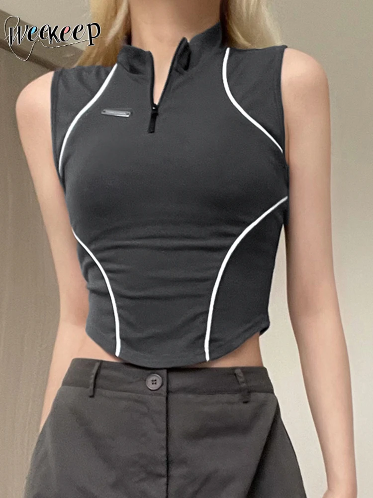 Weekeep Punk Style Crop Top Zip Up Sleeveless Skinny T Shirt Chic Striped Stitched Body Tees Womens Basic Streetwear Top Summer
Weekeep Punk Style Crop Top Zip Up Sleeveless Skinny T Shirt Chic Striped Stitched Body Tees Womens Basic Streetwear Top Summer