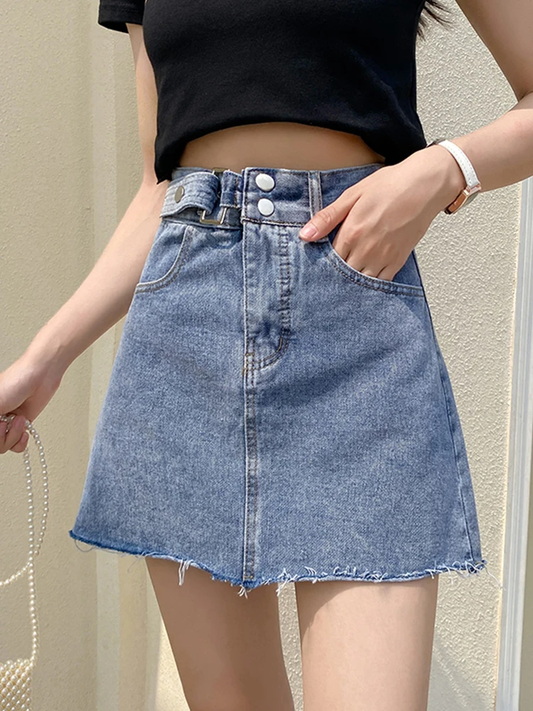 

Ailegogo New Spring Summer Women Frayed Raw Hem Loose Denim Skirt Streetwear Female High Waist A-line Button Jeans Skirts