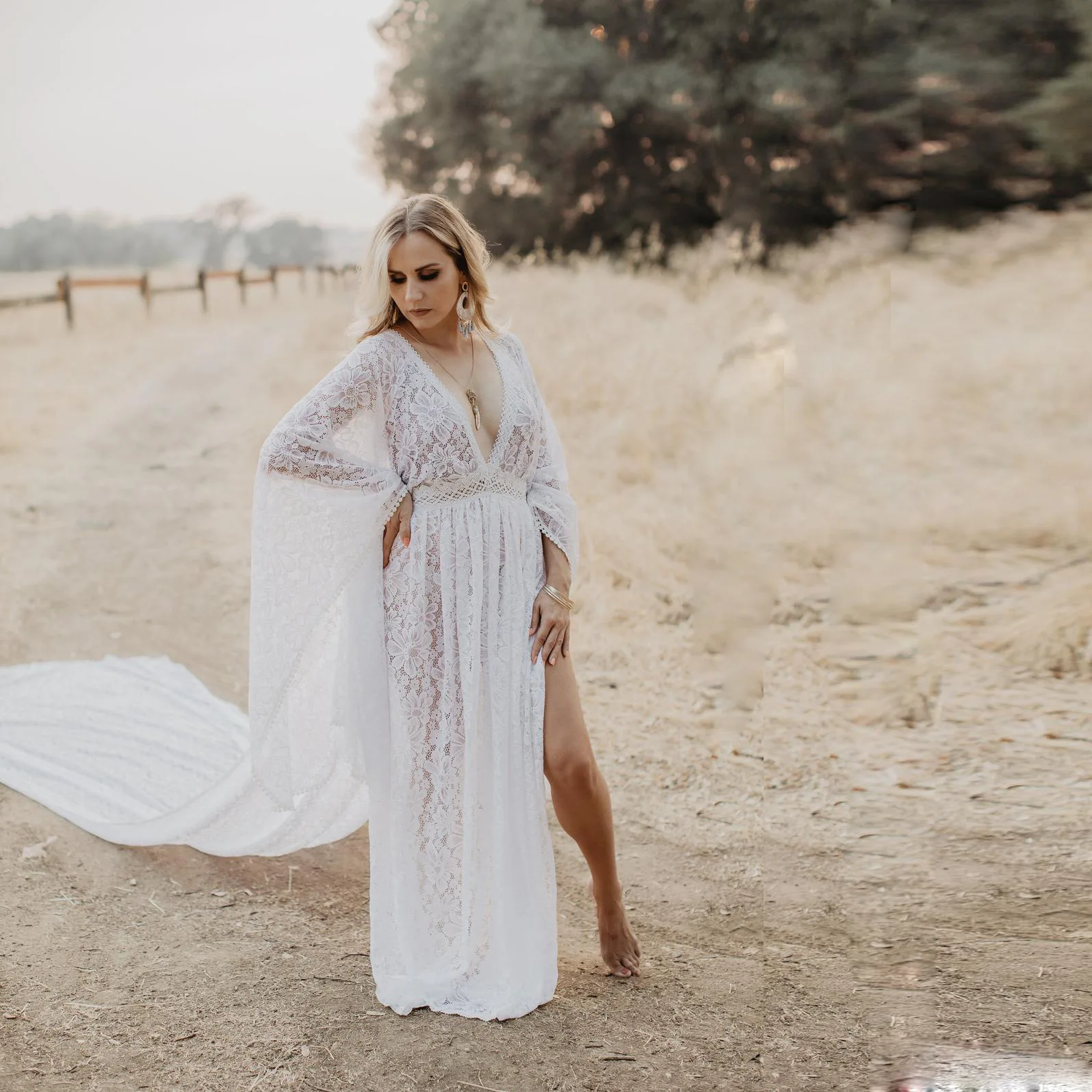 Lace Maternity Floral Off Shoulder Photography Gown Flared Long Sleeve Split Side See-Through Maxi Photo Shoot Wedding Dress
Lace Maternity Floral Off Shoulder Photography Gown Flared Long Sleeve Split Side See-Through Maxi Photo Shoot Wedding Dress