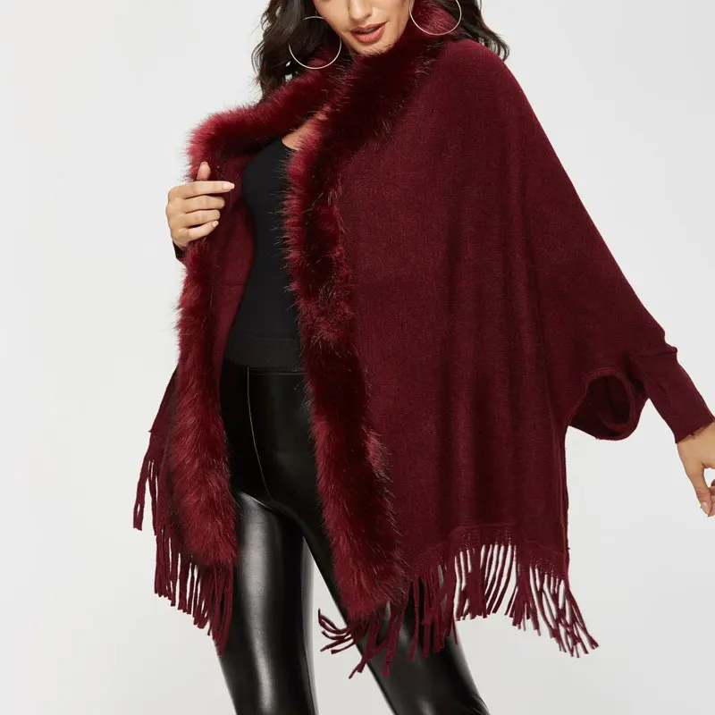 

Winter Fur Collar Shawls And Wraps Cardigan Sweater Women Bohemian Fringe Oversized Batwing Sleeve Ponchos Cardigans Coat