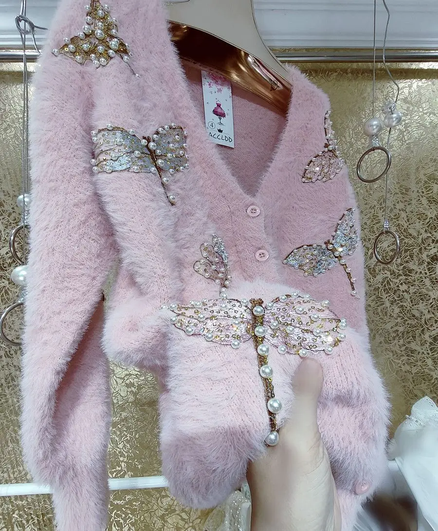 

Розовый милый мохеровый вязаный кардиган, шикарный женский норковый свитер с бабочкой и жемчужинами, кардиган на осень и зиму, кашемировая куртка H258
