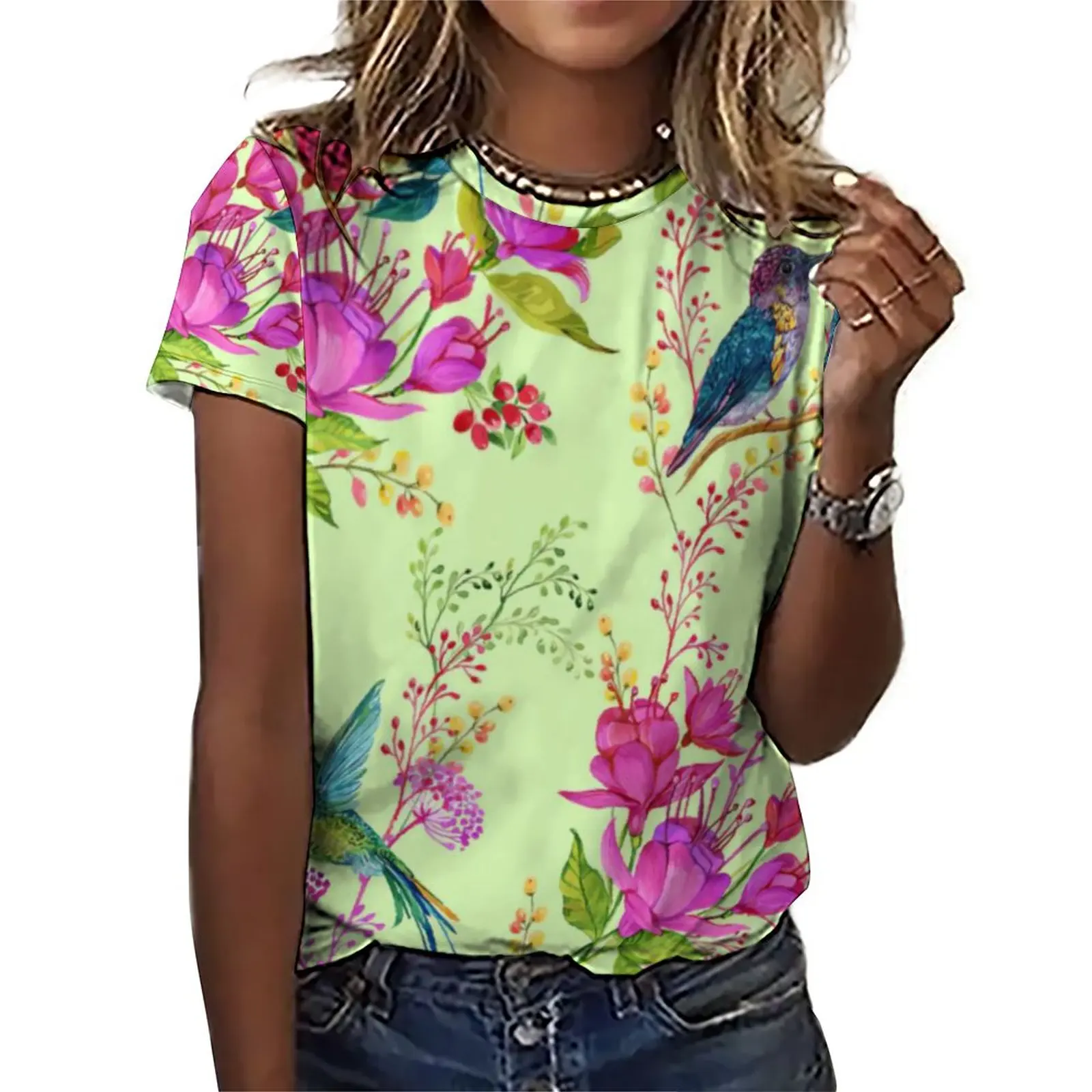 

Hummingbird Flower T-Shirts Botanical Art Street Wear T-Shirt Short Sleeve Cute Oversize Tees Beach Graphic Clothes Gift