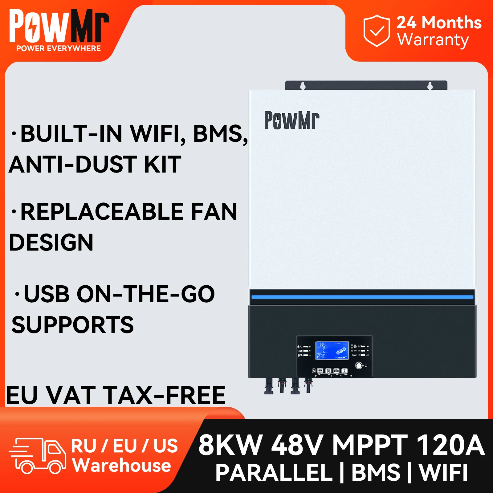 PowMr MPPT Solar Inverter Hybrid 8KW 120A 48V to 230V Max PV 500V 8000W Build-In WIFI, BMS Can Parallel 6 Units to 48KW
PowMr MPPT Solar Inverter Hybrid 8KW 120A 48V to 230V Max PV 500V 8000W Build-In WIFI, BMS Can Parallel 6 Units to 48KW
