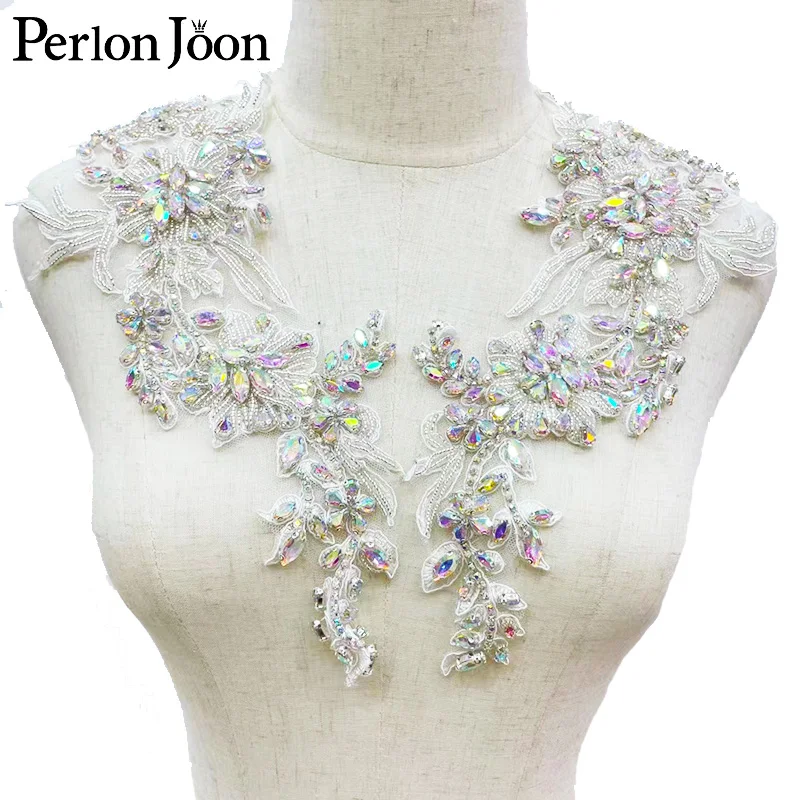 

1 Pair Handmade Crystal Glass Neckline Symmetrical Patches DIY Decoration Rhinestone Applique Bodice for Wedding Dresses WH060