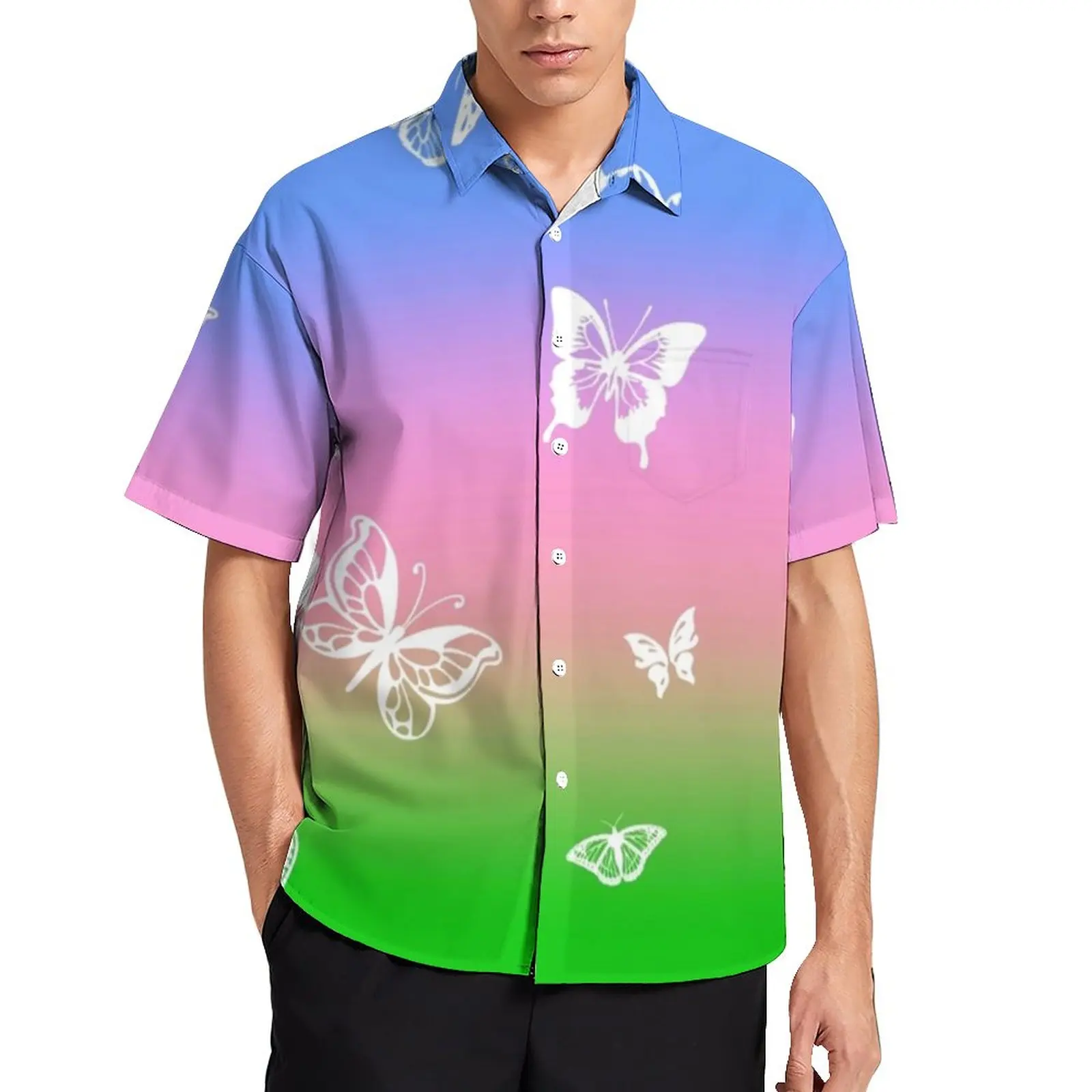 Blue Pink Ombre Casual Shirts White Butterflies Vacation Shirt Hawaii Streetwear Blouses Male Custom Plus Size 3XL 4XL
Blue Pink Ombre Casual Shirts White Butterflies Vacation Shirt Hawaii Streetwear Blouses Male Custom Plus Size 3XL 4XL