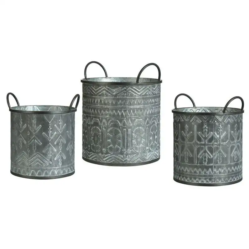 

- Set of 3 - Galvanized Buckets with Embossed Design Metal Pales and Handles