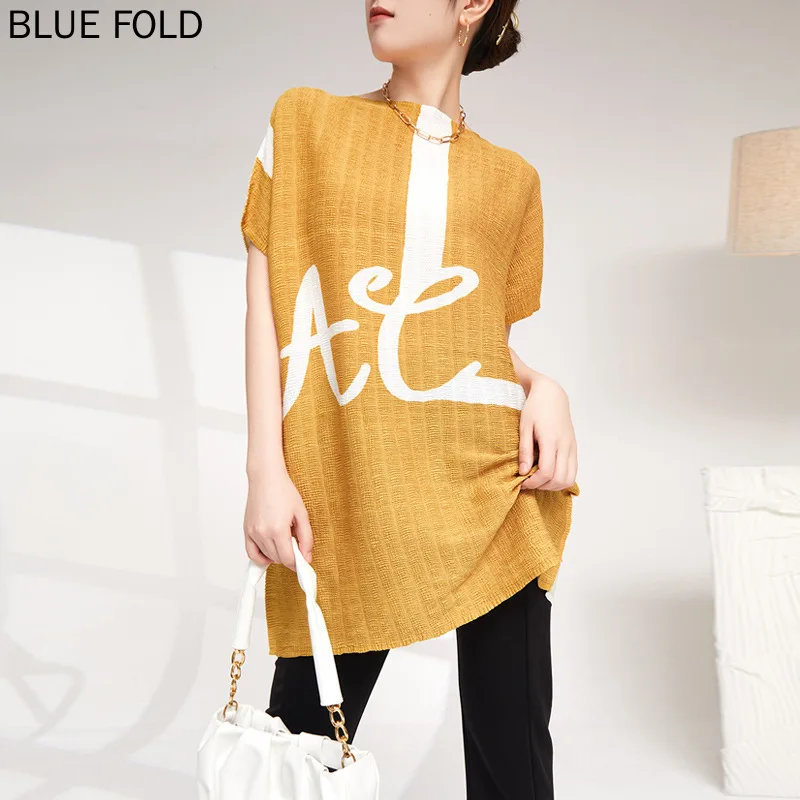 High-end Short-sleeved T-shirt Women's Loose Large Size Mid-length Print Contrast Color Miyake Pleated Pullover Top Blusas
High-end Short-sleeved T-shirt Women's Loose Large Size Mid-length Print Contrast Color Miyake Pleated Pullover Top Blusas