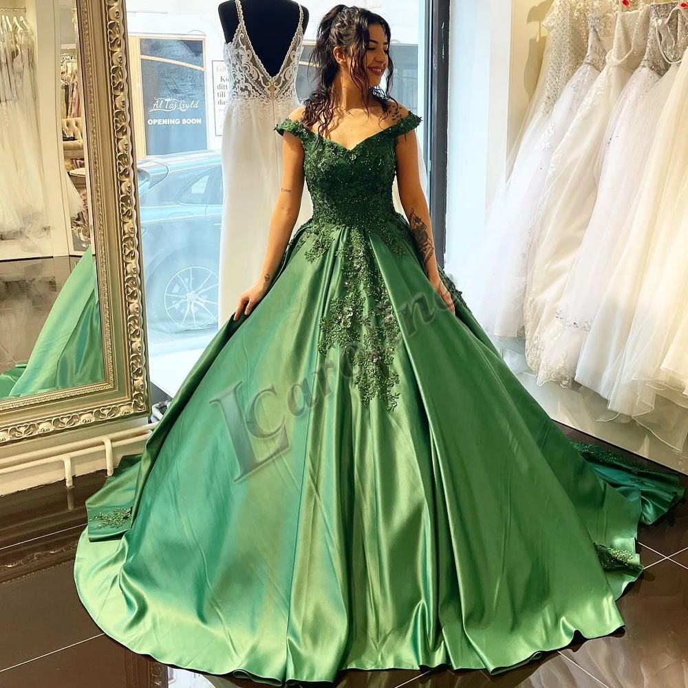 

Caroline Charming Green Crystals Beading Backless Evening Dress Appliques Lace Off the Shoulder Gowns Personalised Abendkleider