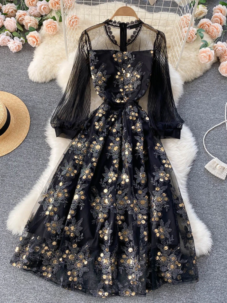 Spring and Summer Gauze Sweet Party Dress Women Embroidery Long Sleeve A Line Female Fashion Streetwear Long Print Evening Dress 
Spring and Summer Gauze Sweet Party Dress Women Embroidery Long Sleeve A Line Female Fashion Streetwear Long Print Evening Dress