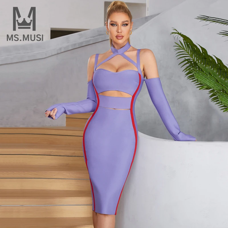 

Новинка 2023, модное женское сексуальное платье-миди MSMUSI с лямкой на шее и длинным рукавом