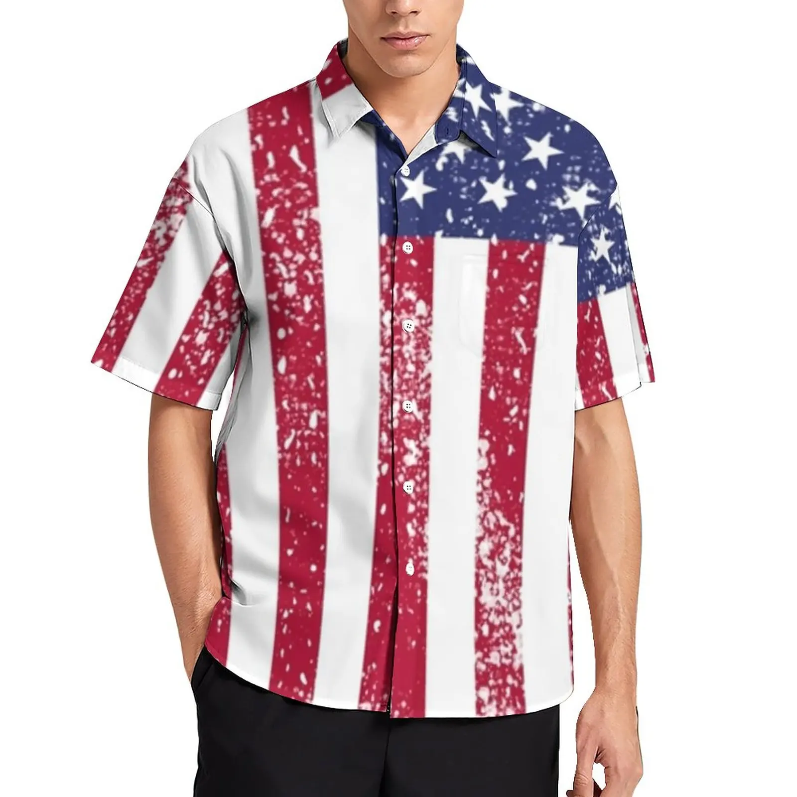 

Свободная рубашка с графическим принтом, американский флаг, блестящие повседневные рубашки для отпуска с принтом звезд, гавайский графичес...